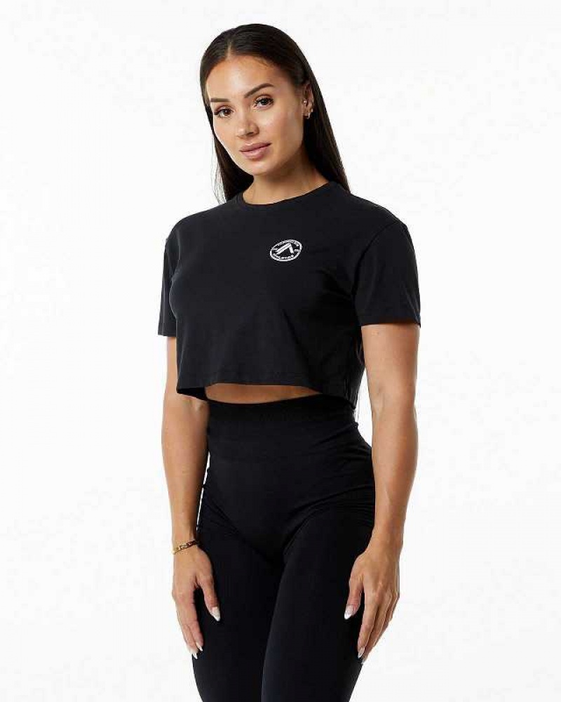 Black Women\'s Alphalete Dynasty Crop Short Sleeve Shirts | UAE-936580