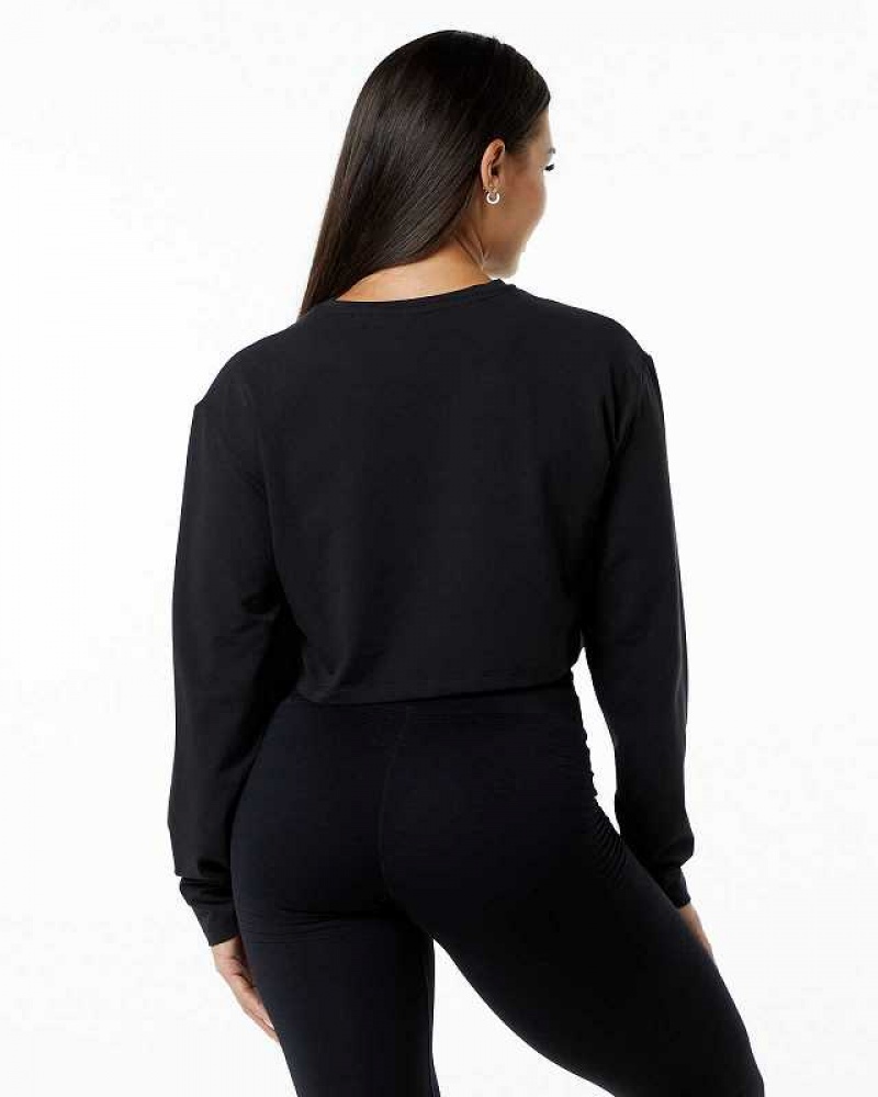 Black Women's Alphalete Dynasty LS Crop Long Sleeve Shirts | UAE-931675