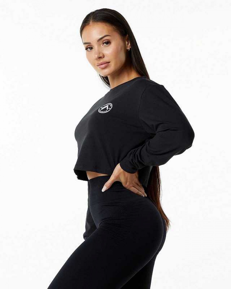 Black Women's Alphalete Dynasty LS Crop Long Sleeve Shirts | UAE-931675