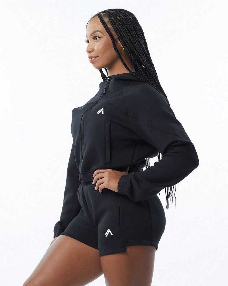 Black Women's Alphalete ELMTS Full-Zip Crop Jackets | UAE-306514