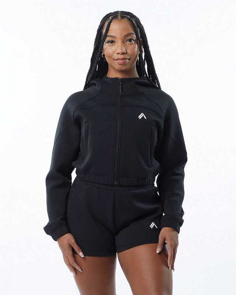 Black Women\'s Alphalete ELMTS Full-Zip Crop Jackets | UAE-306514