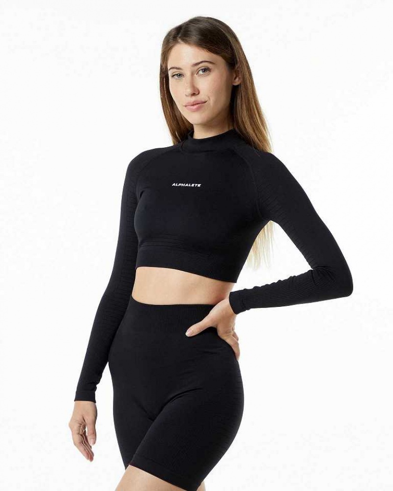 Black Women's Alphalete Ozone High Neck LS Crop Long Sleeve Shirts | UAE-491508