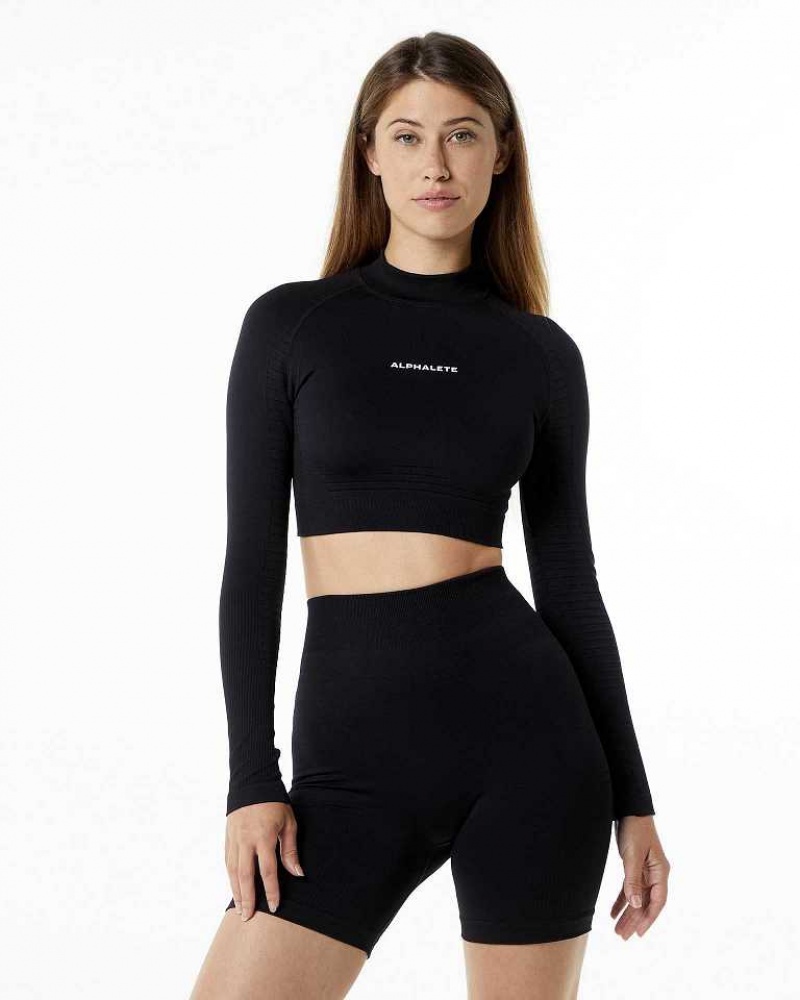 Black Women\'s Alphalete Ozone High Neck LS Crop Long Sleeve Shirts | UAE-491508