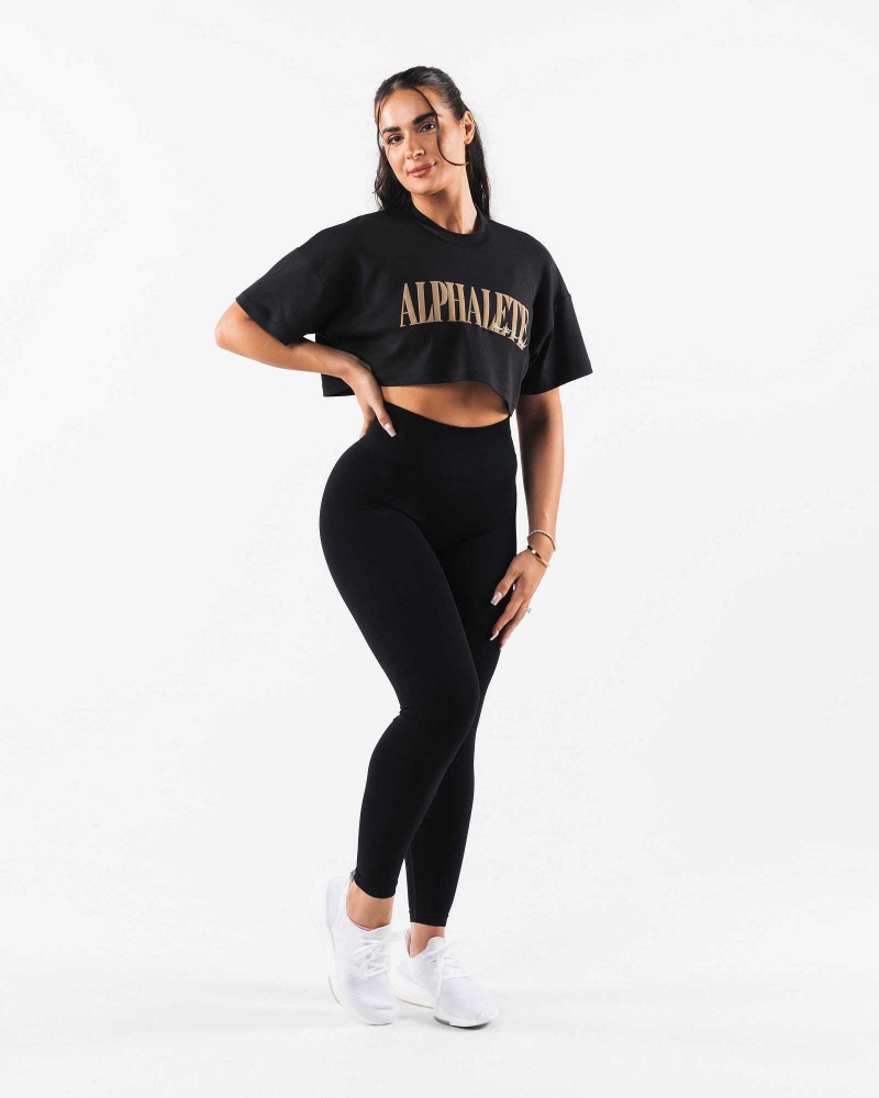 Black Women's Alphalete Republic Crop Short Sleeve Shirts | UAE-268079