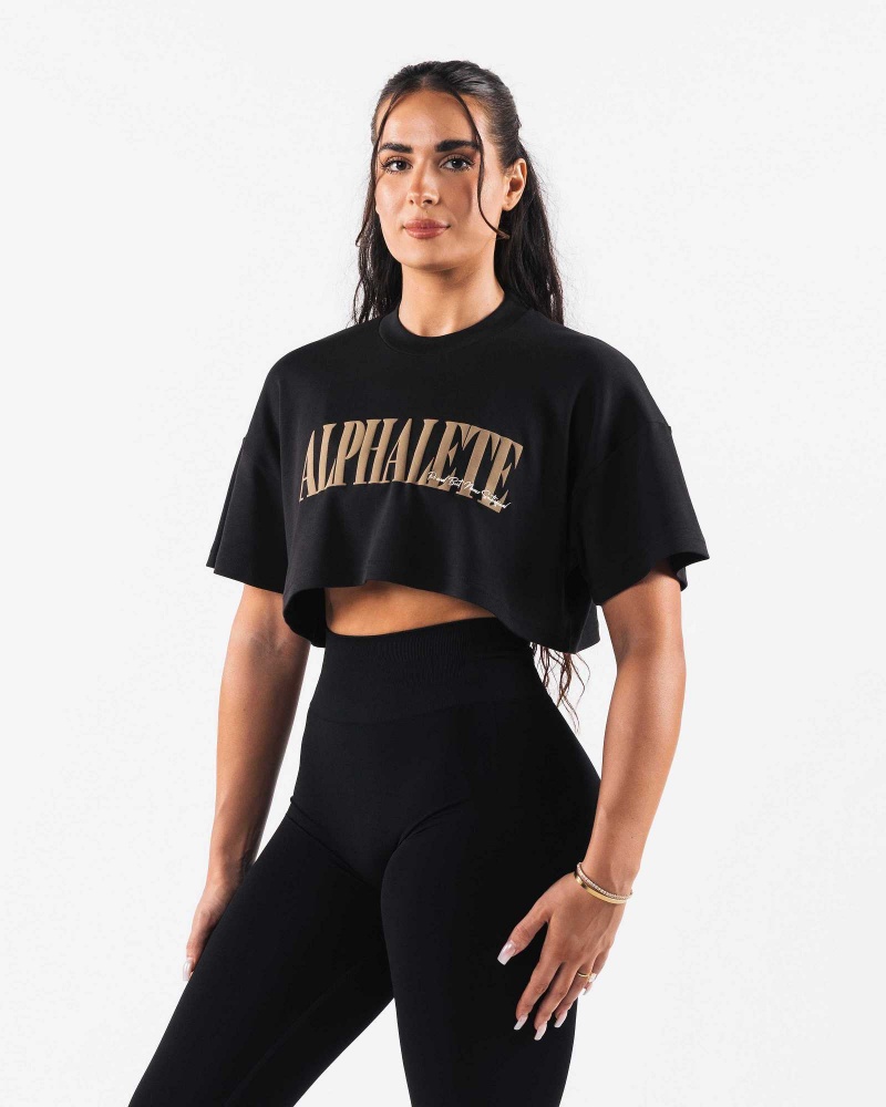 Black Women's Alphalete Republic Crop Short Sleeve Shirts | UAE-268079