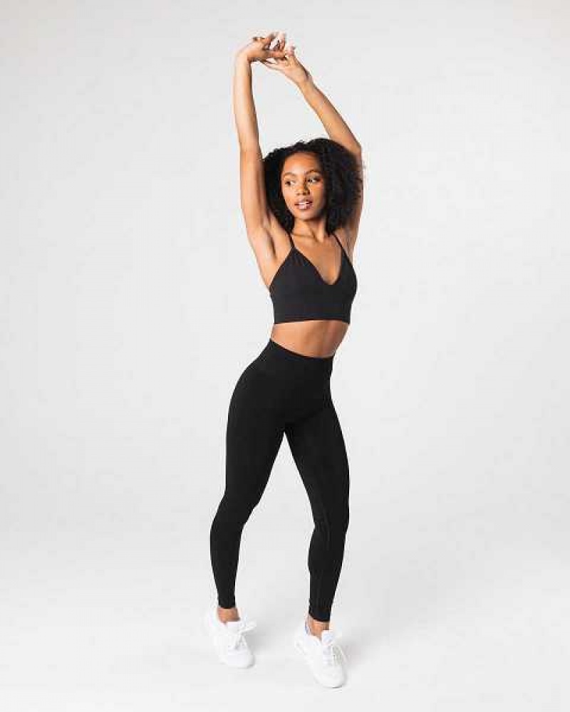 Black Women's Alphalete Seamless Ribbed Sports Bra | UAE-716802