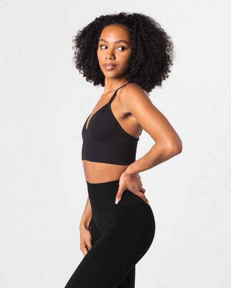 Black Women's Alphalete Seamless Ribbed Sports Bra | UAE-716802