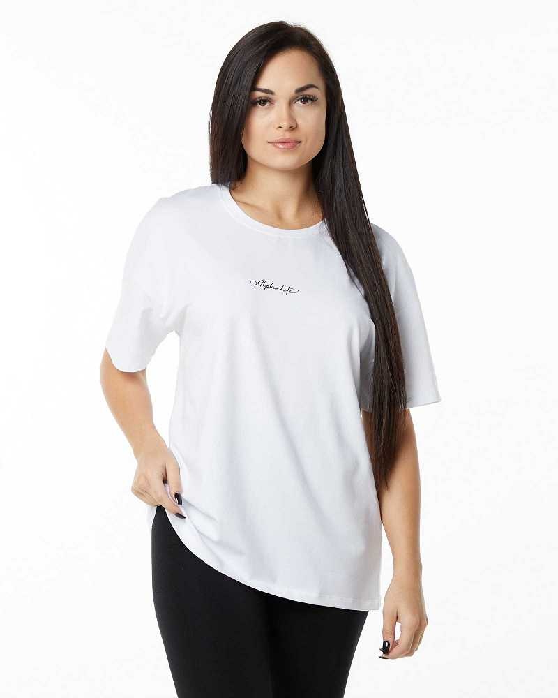 Black Women's Alphalete Signature Oversized Short Sleeve Shirts | UAE-463702