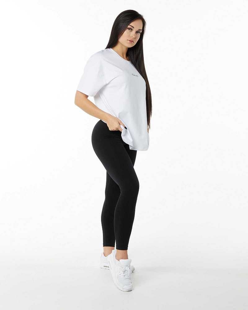 Black Women's Alphalete Signature Oversized Short Sleeve Shirts | UAE-463702