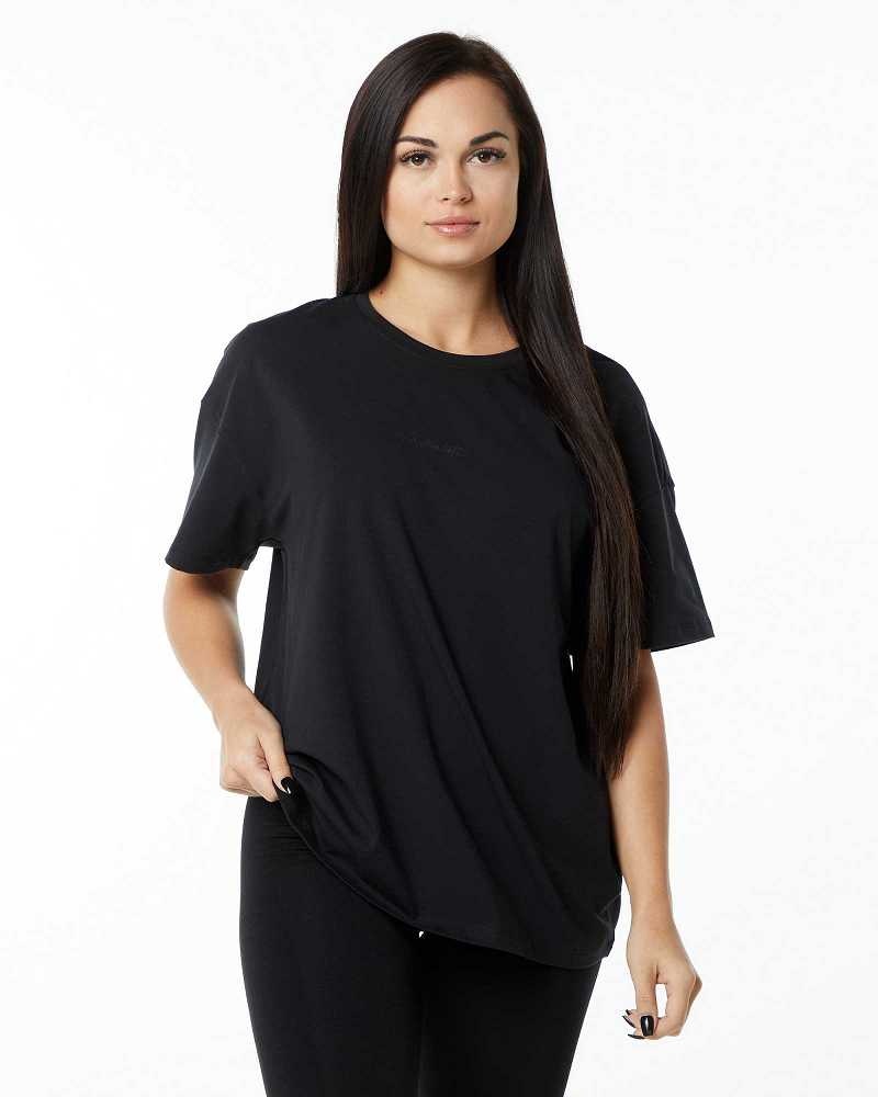 Black Women's Alphalete Signature Oversized Short Sleeve Shirts | UAE-912840