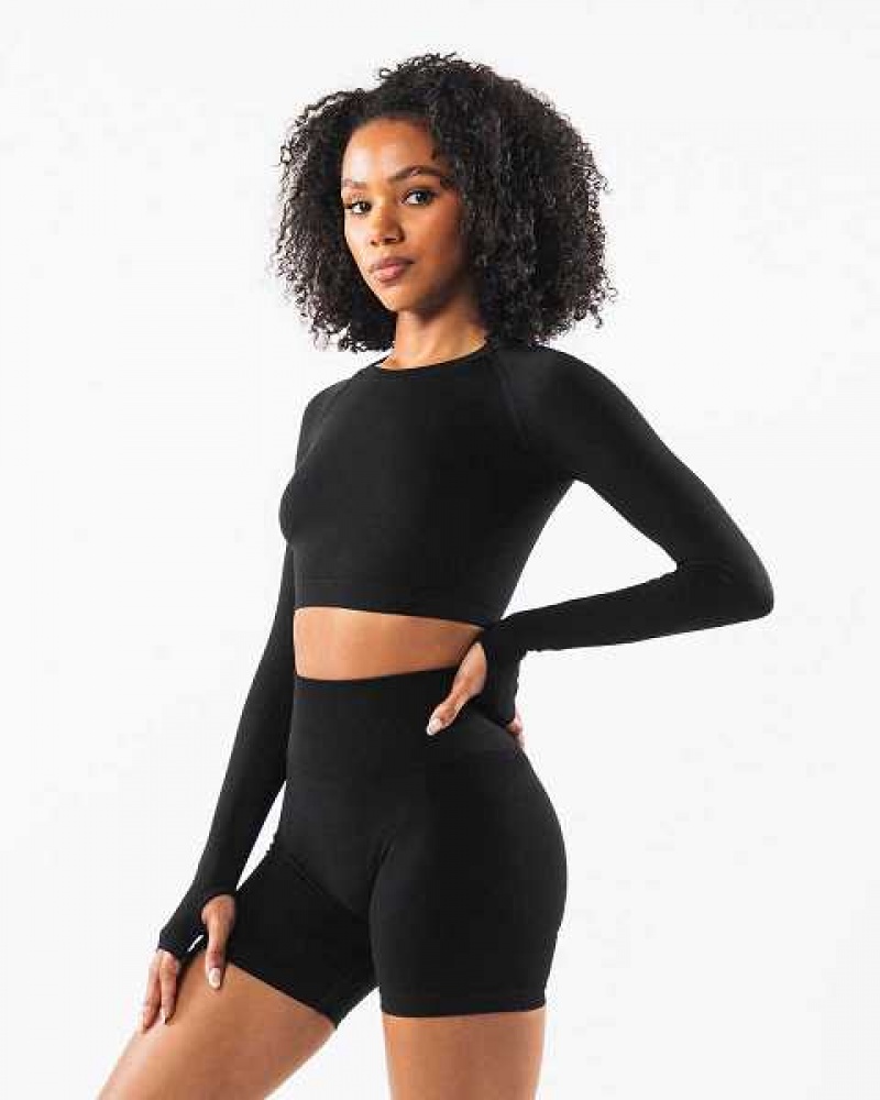 Black Women's Alphalete Stratus LS Crop Long Sleeve Shirts | UAE-471982