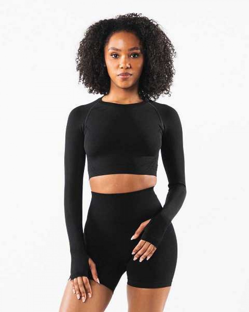 Black Women\'s Alphalete Stratus LS Crop Long Sleeve Shirts | UAE-471982