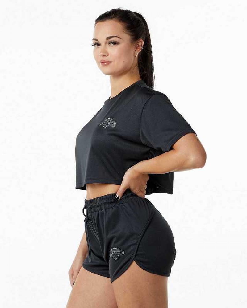 Black Women's Alphalete Varsity Crop Short Sleeve Shirts | UAE-690582