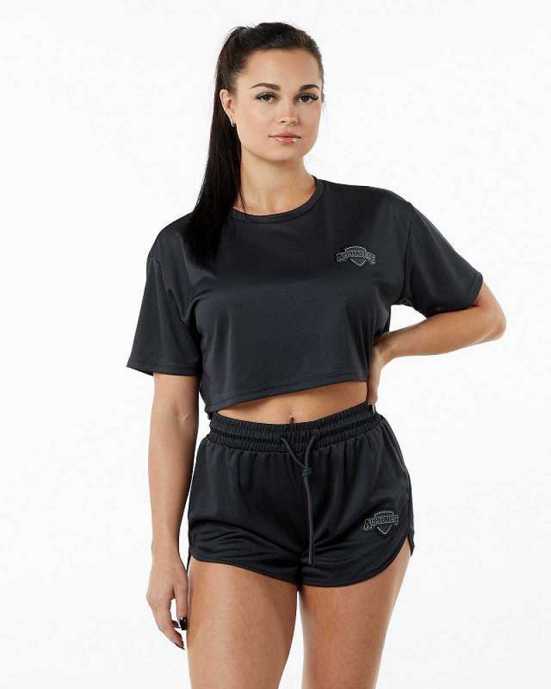 Black Women\'s Alphalete Varsity Crop Short Sleeve Shirts | UAE-690582