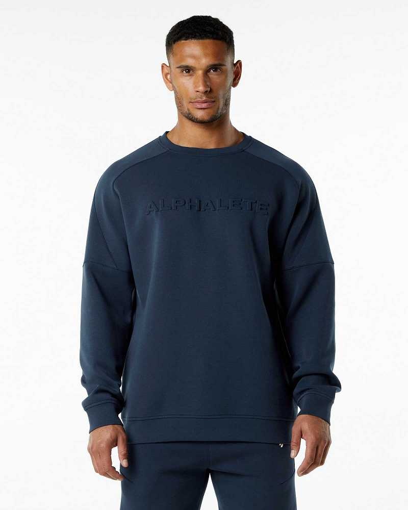 Blue Men\'s Alphalete ELMTS Crewneck Sweater | UAE-936728