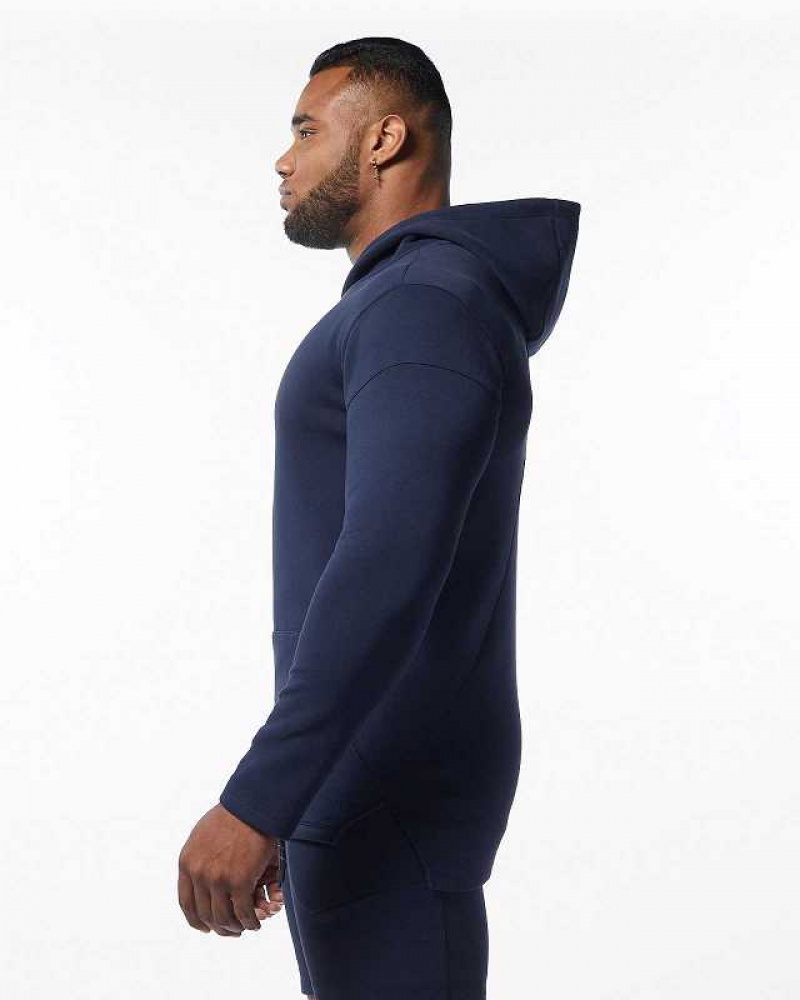 Blue Men's Alphalete ELMTS Fitted Hoodie | UAE-917602