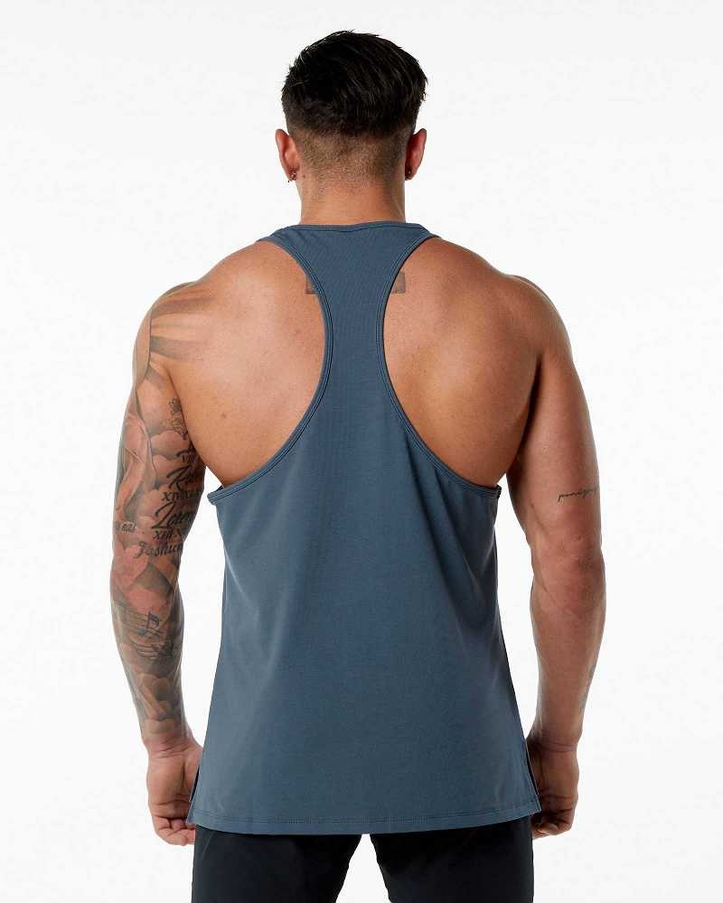 Blue Men's Alphalete Emblem Stringer Tanks | UAE-608943