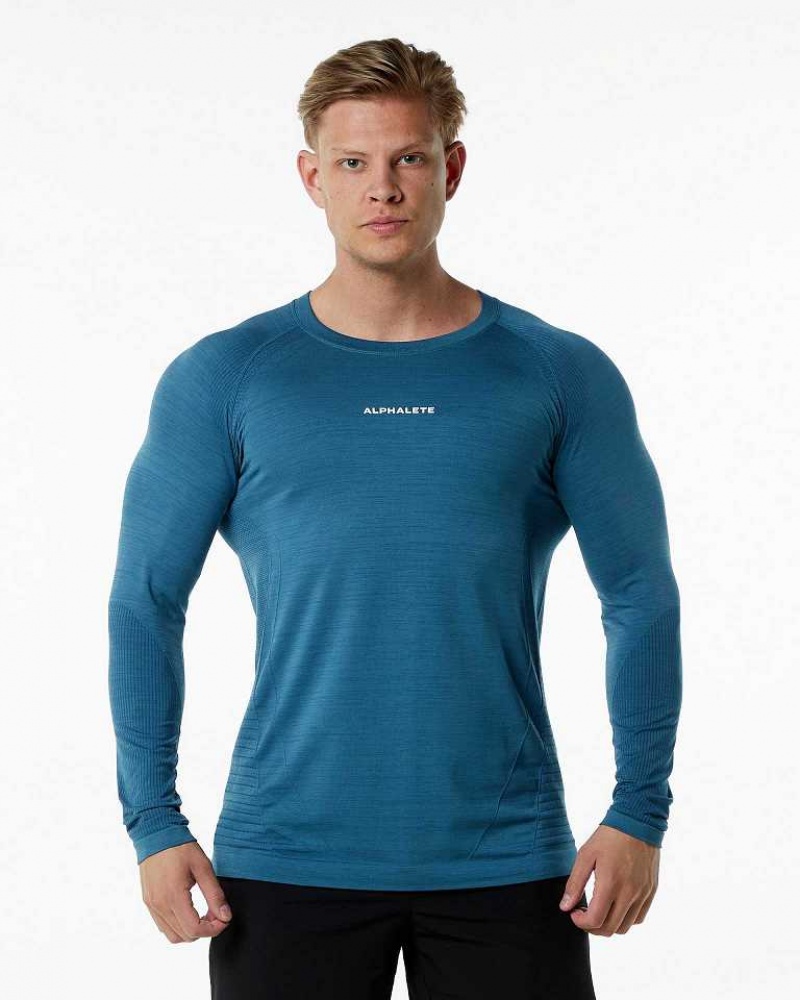 Blue Men\'s Alphalete Ozone LS Long Sleeve Shirts | UAE-805694