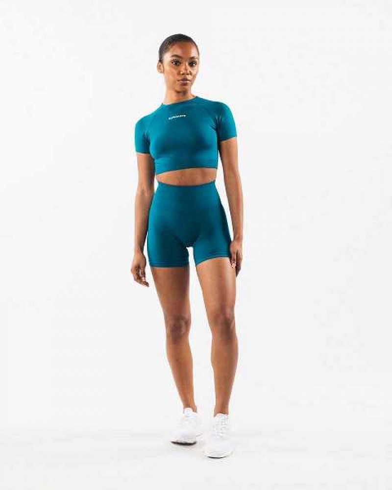 Blue Women's Alphalete Amplify SS Crop Short Sleeve Shirts | UAE-876594