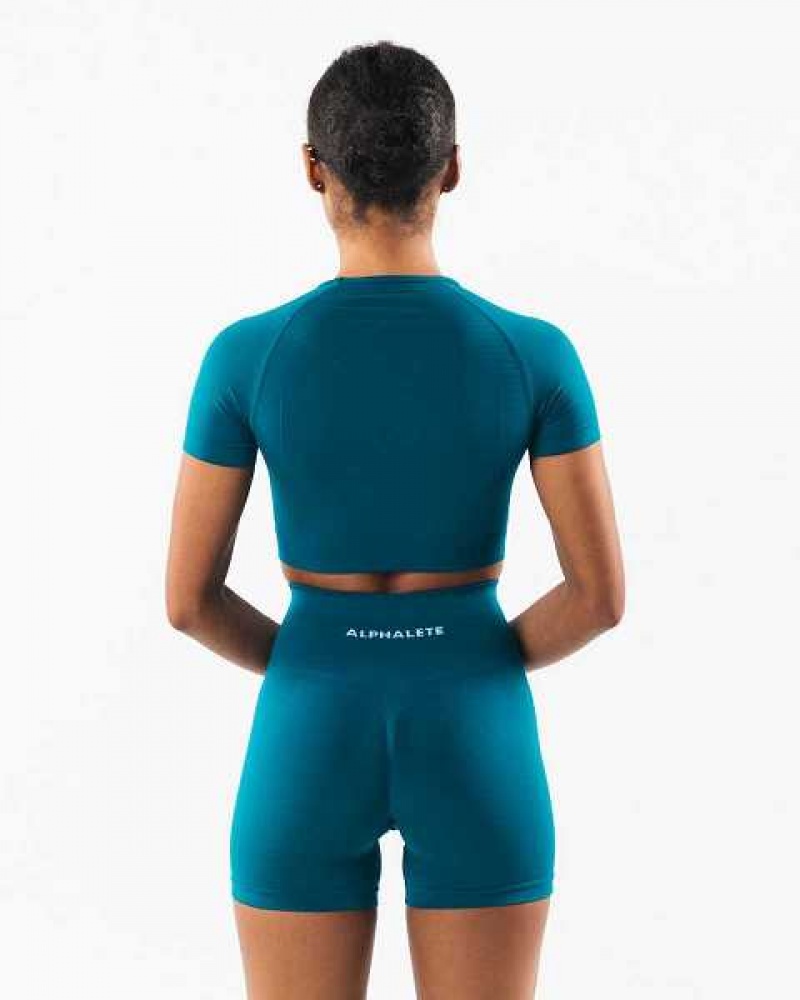 Blue Women's Alphalete Amplify SS Crop Short Sleeve Shirts | UAE-876594