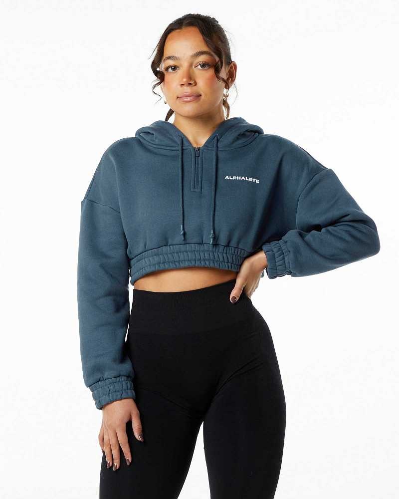 Blue Women\'s Alphalete Classic Capital Crop Hoodie | UAE-721546