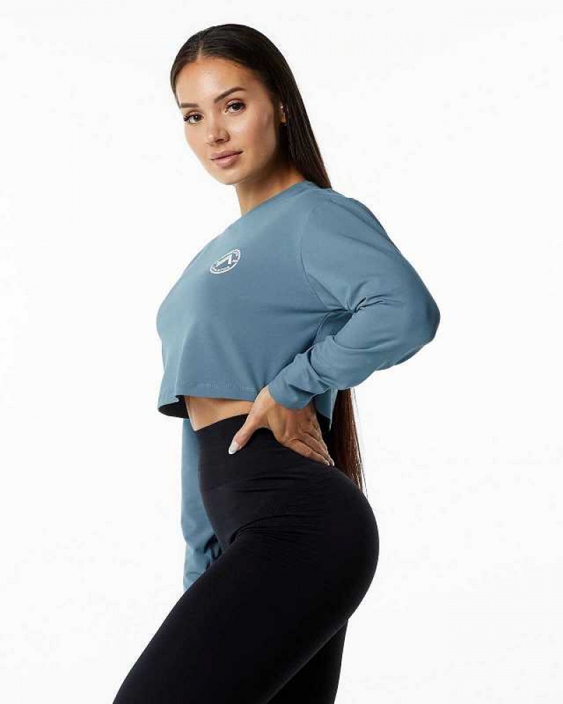 Blue Women's Alphalete Dynasty LS Crop Long Sleeve Shirts | UAE-960812