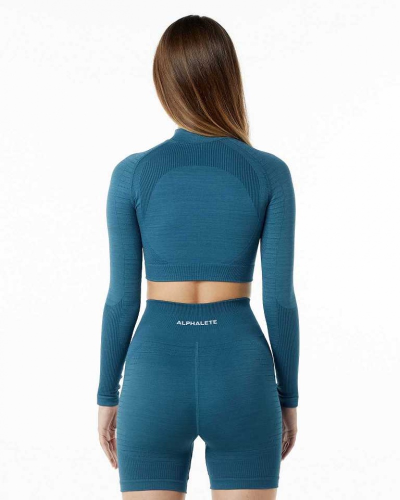 Blue Women's Alphalete Ozone High Neck LS Crop Long Sleeve Shirts | UAE-459312