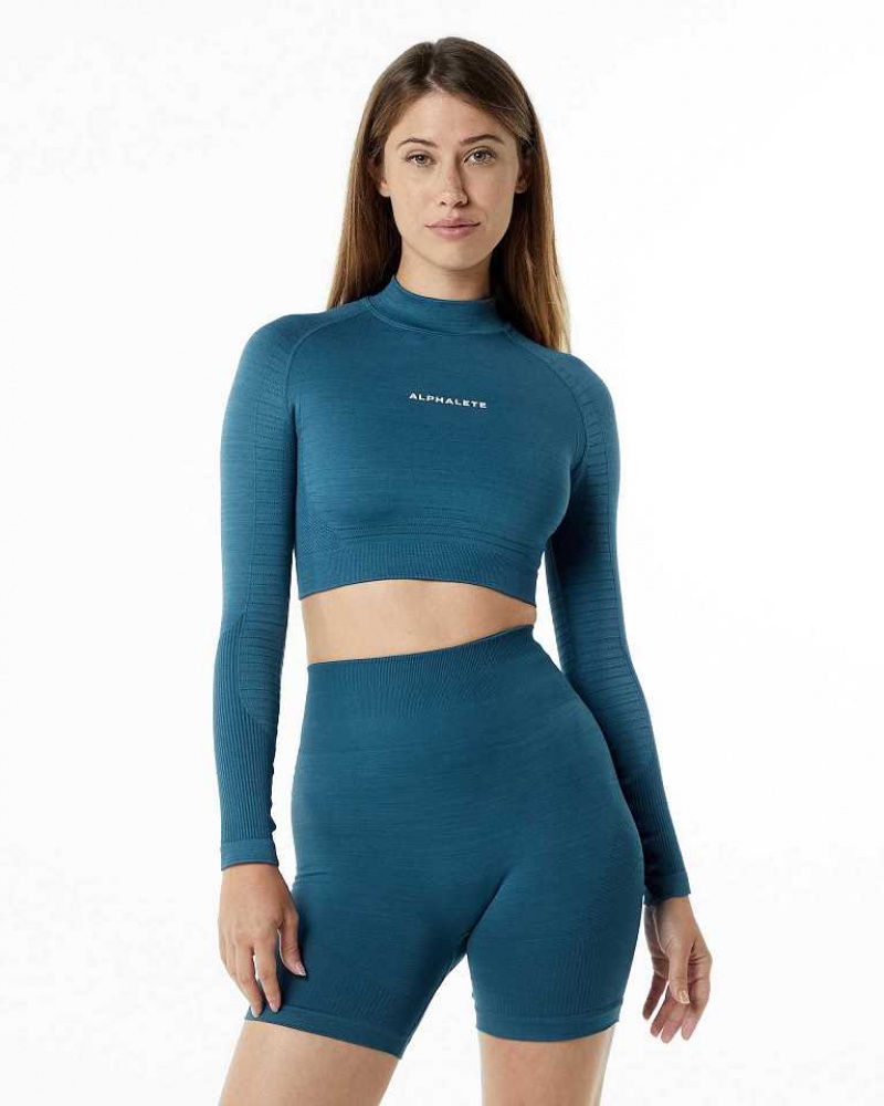 Blue Women\'s Alphalete Ozone High Neck LS Crop Long Sleeve Shirts | UAE-459312