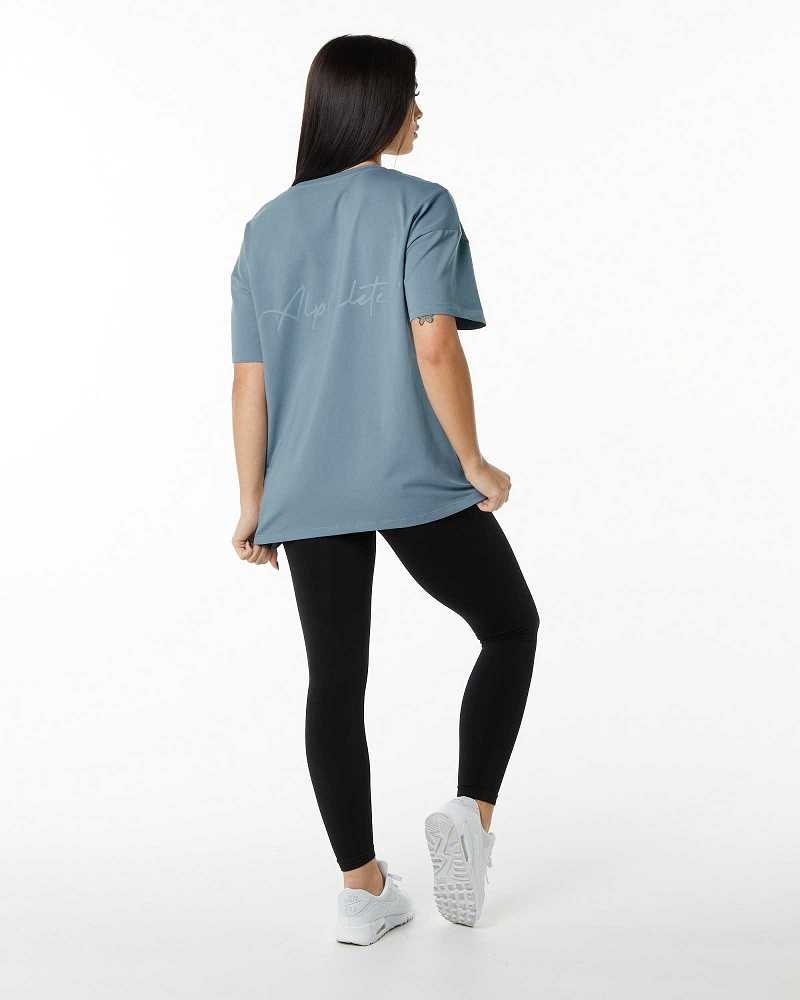 Blue Women's Alphalete Signature Oversized Short Sleeve Shirts | UAE-269741