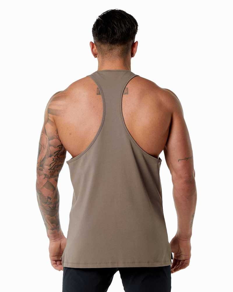 Brown Men's Alphalete Emblem Stringer Tanks | UAE-693210