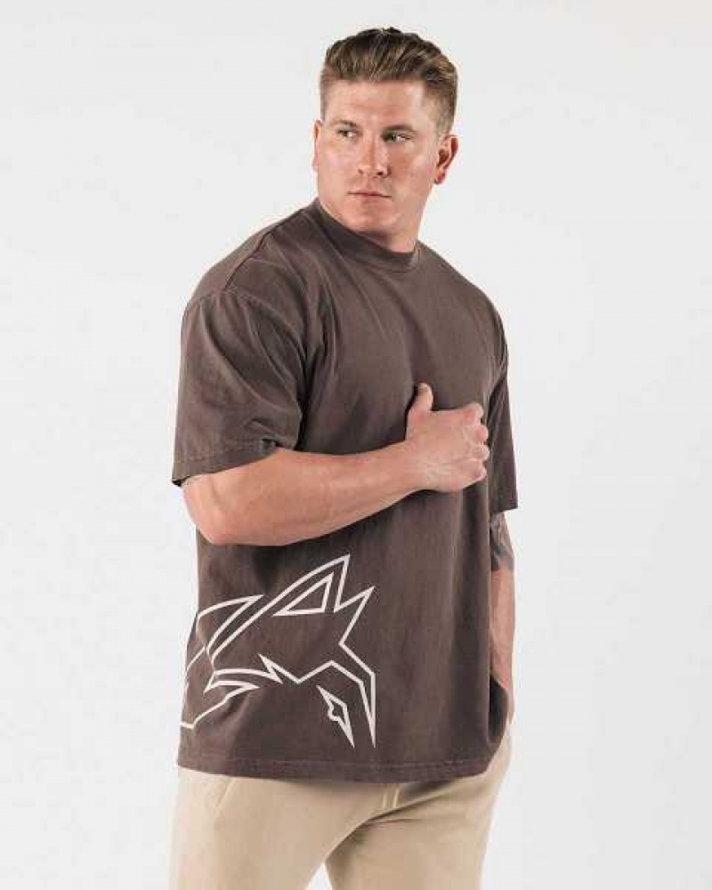 Brown Men's Alphalete Giant Wolf Head Short Sleeve Shirts | UAE-139586