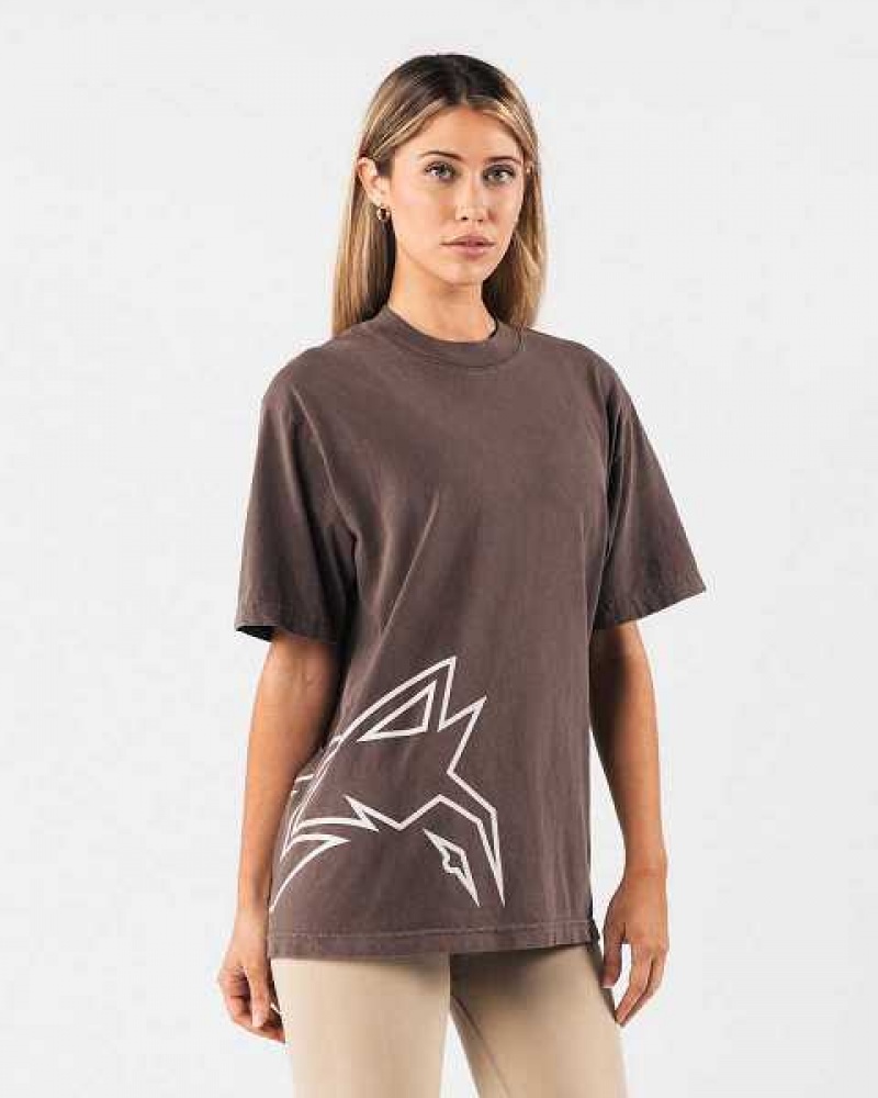 Brown Men's Alphalete Giant Wolf Head Short Sleeve Shirts | UAE-139586