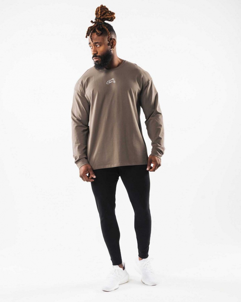 Brown Men's Alphalete Wolf Head LS Long Sleeve Shirts | UAE-945061