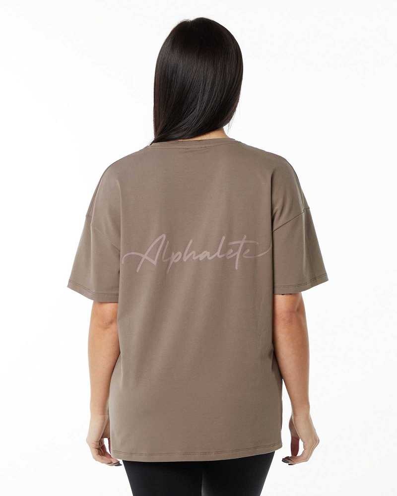 Brown Women\'s Alphalete Signature Oversized Short Sleeve Shirts | UAE-680194