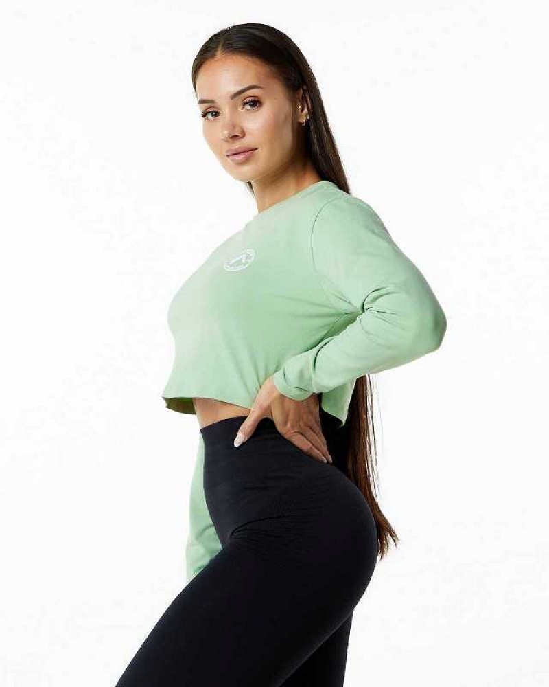 Green Women's Alphalete Dynasty LS Crop Long Sleeve Shirts | UAE-981276