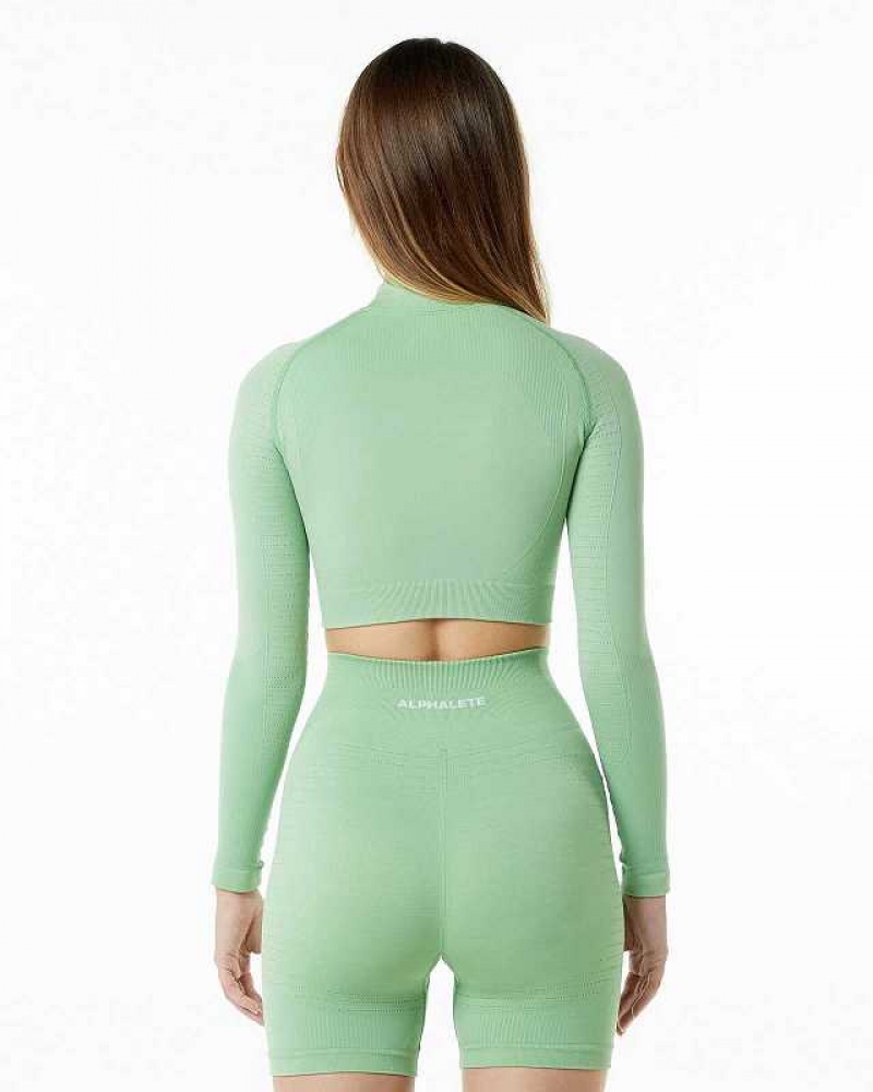 Green Women's Alphalete Ozone High Neck LS Crop Long Sleeve Shirts | UAE-507932