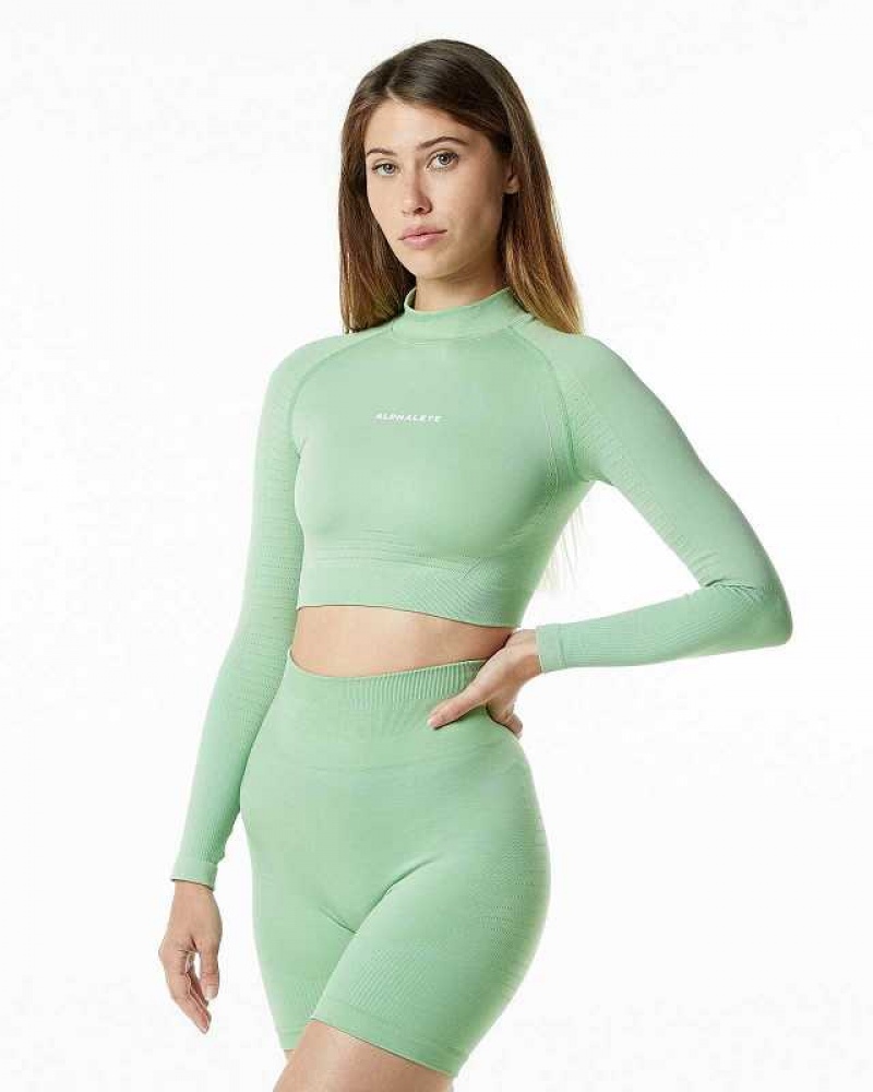 Green Women's Alphalete Ozone High Neck LS Crop Long Sleeve Shirts | UAE-507932