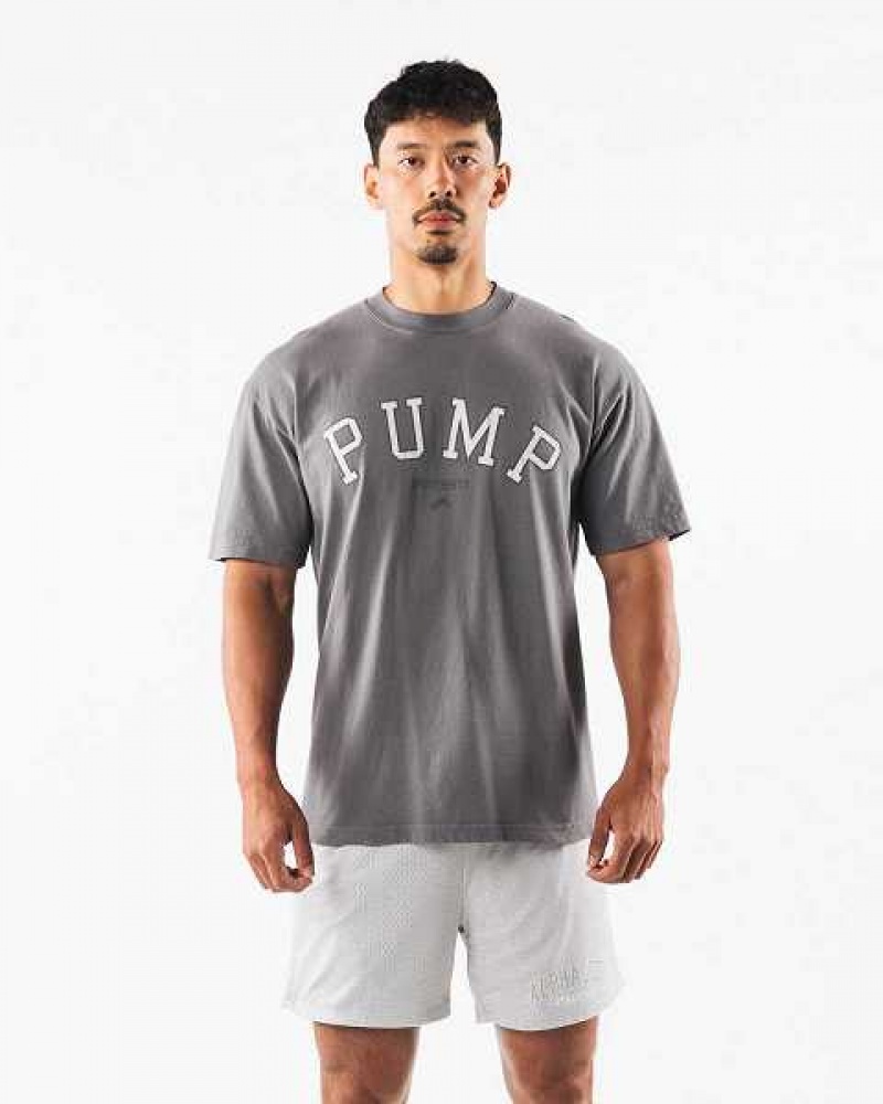 Grey Men's Alphalete Pump University Short Sleeve Shirts | UAE-527401