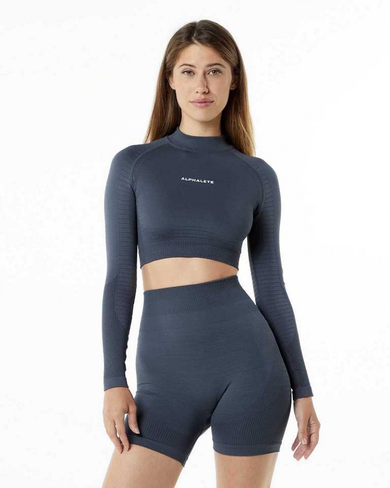 Grey Women\'s Alphalete Ozone High Neck LS Crop Long Sleeve Shirts | UAE-140853