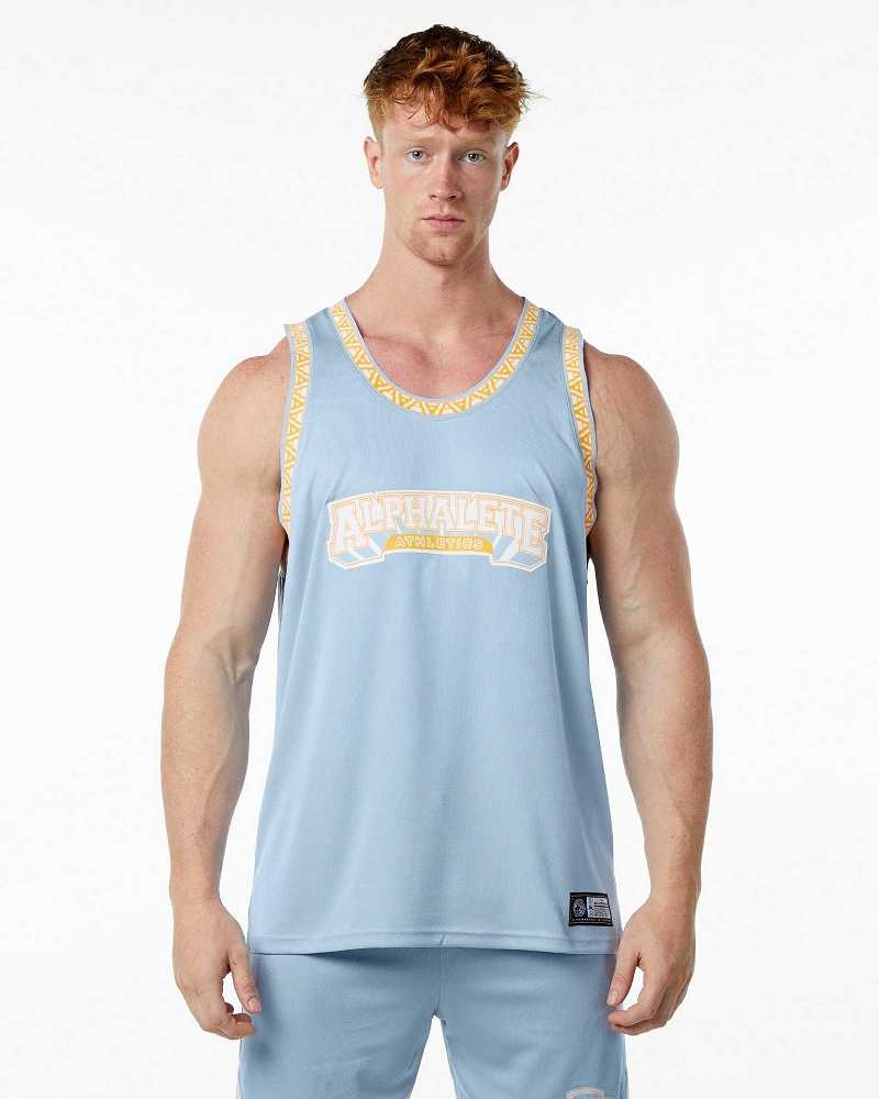 Light Blue Men\'s Alphalete Varsity Basketball Tanks | UAE-065132