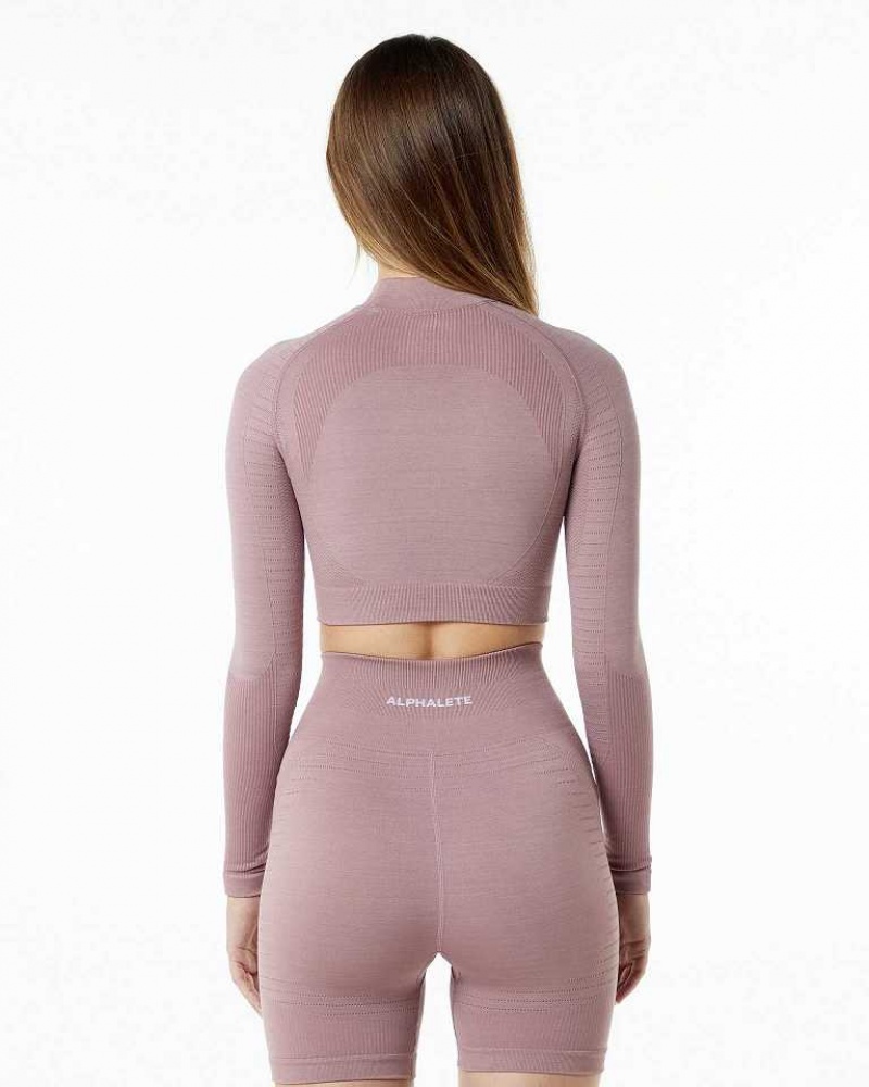 Pink Women's Alphalete Ozone High Neck LS Crop Long Sleeve Shirts | UAE-428316