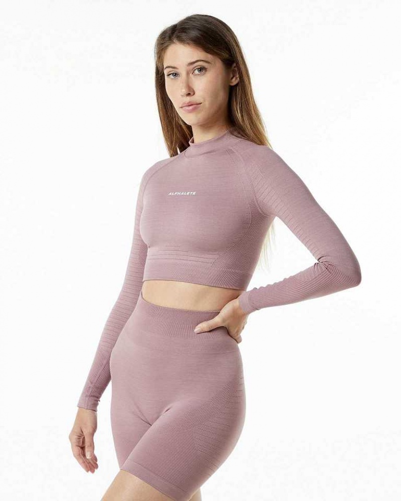 Pink Women's Alphalete Ozone High Neck LS Crop Long Sleeve Shirts | UAE-428316