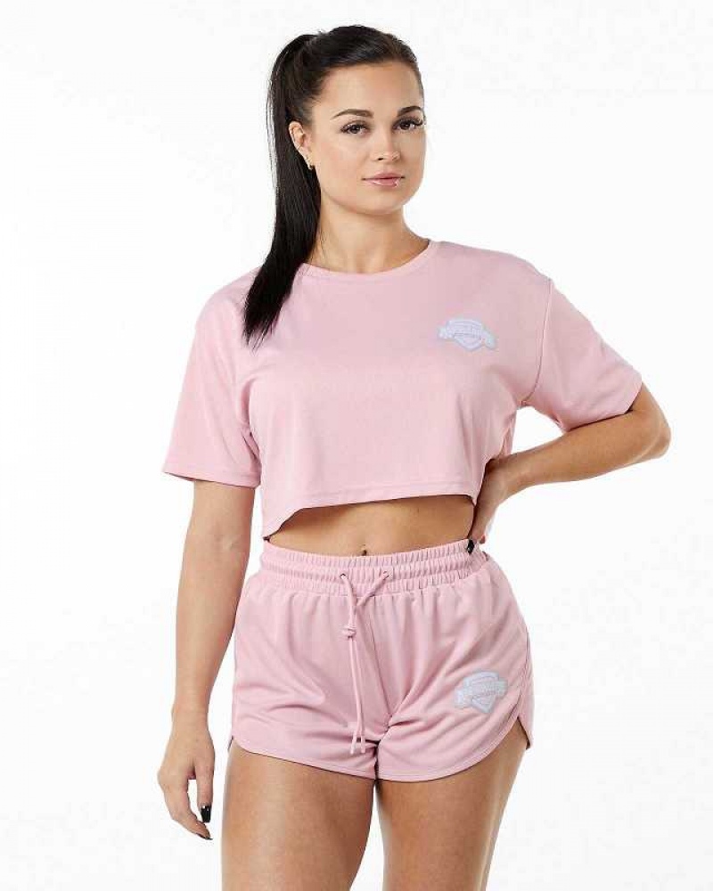 Pink Women\'s Alphalete Varsity Crop Short Sleeve Shirts | UAE-582194