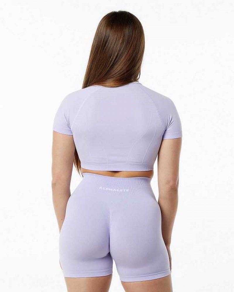 Purple Women's Alphalete Amplify V-Neck Crop Short Sleeve Shirts | UAE-907132