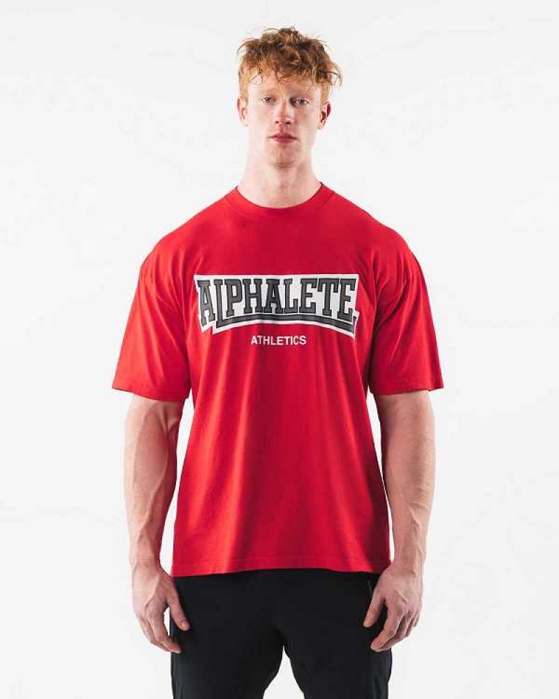 Red Unisex Alphalete Varsity Short Sleeve Shirts | UAE-528347