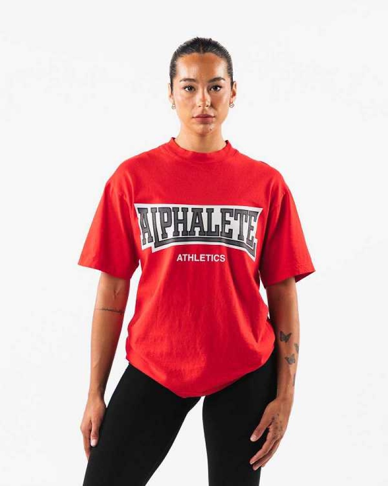 Red Unisex Alphalete Varsity Short Sleeve Shirts | UAE-528347