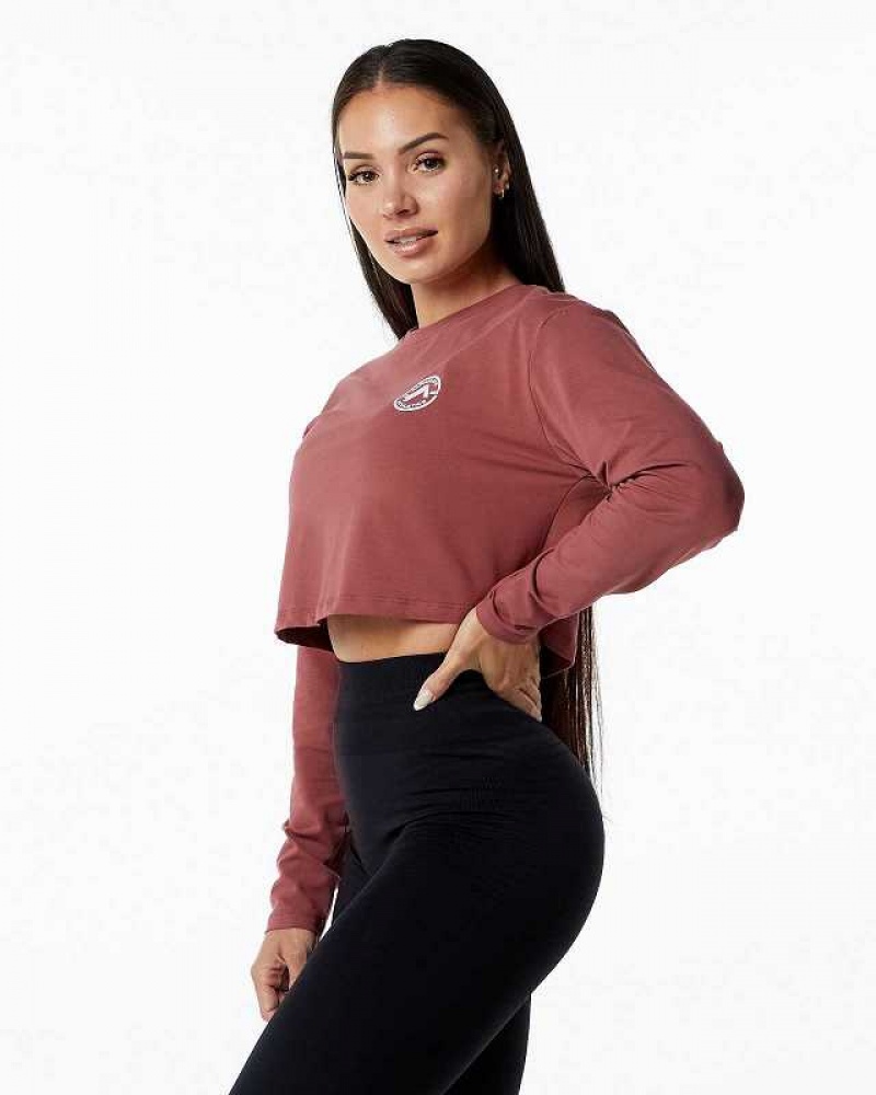 Red Women's Alphalete Dynasty LS Crop Long Sleeve Shirts | UAE-724091