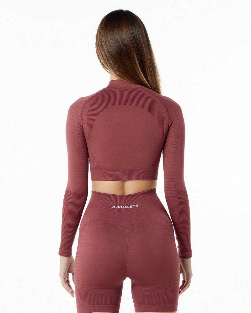 Red Women's Alphalete Ozone High Neck LS Crop Long Sleeve Shirts | UAE-350471