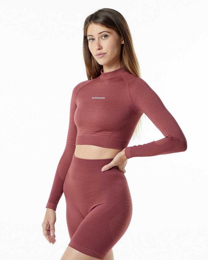 Red Women's Alphalete Ozone High Neck LS Crop Long Sleeve Shirts | UAE-350471