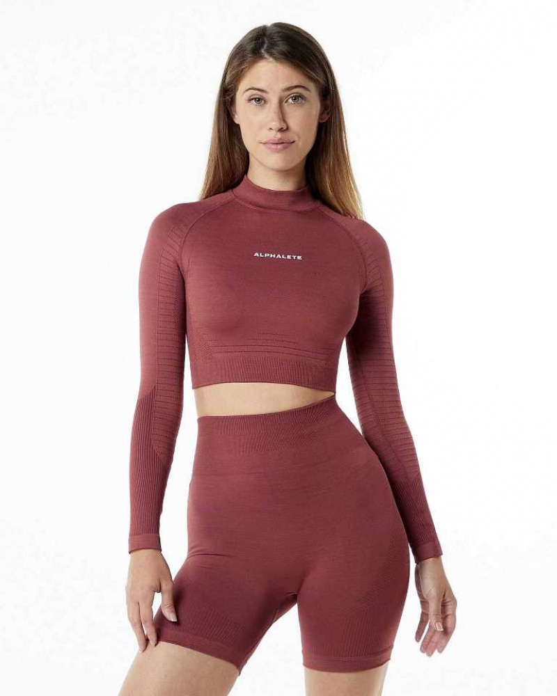 Red Women\'s Alphalete Ozone High Neck LS Crop Long Sleeve Shirts | UAE-350471